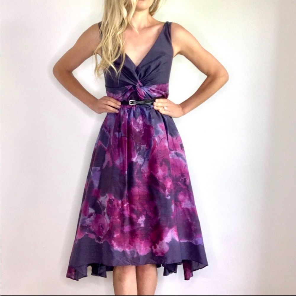 Lela Rose Purple and Pink Floral V-Neck Fit-and-Flare Dress